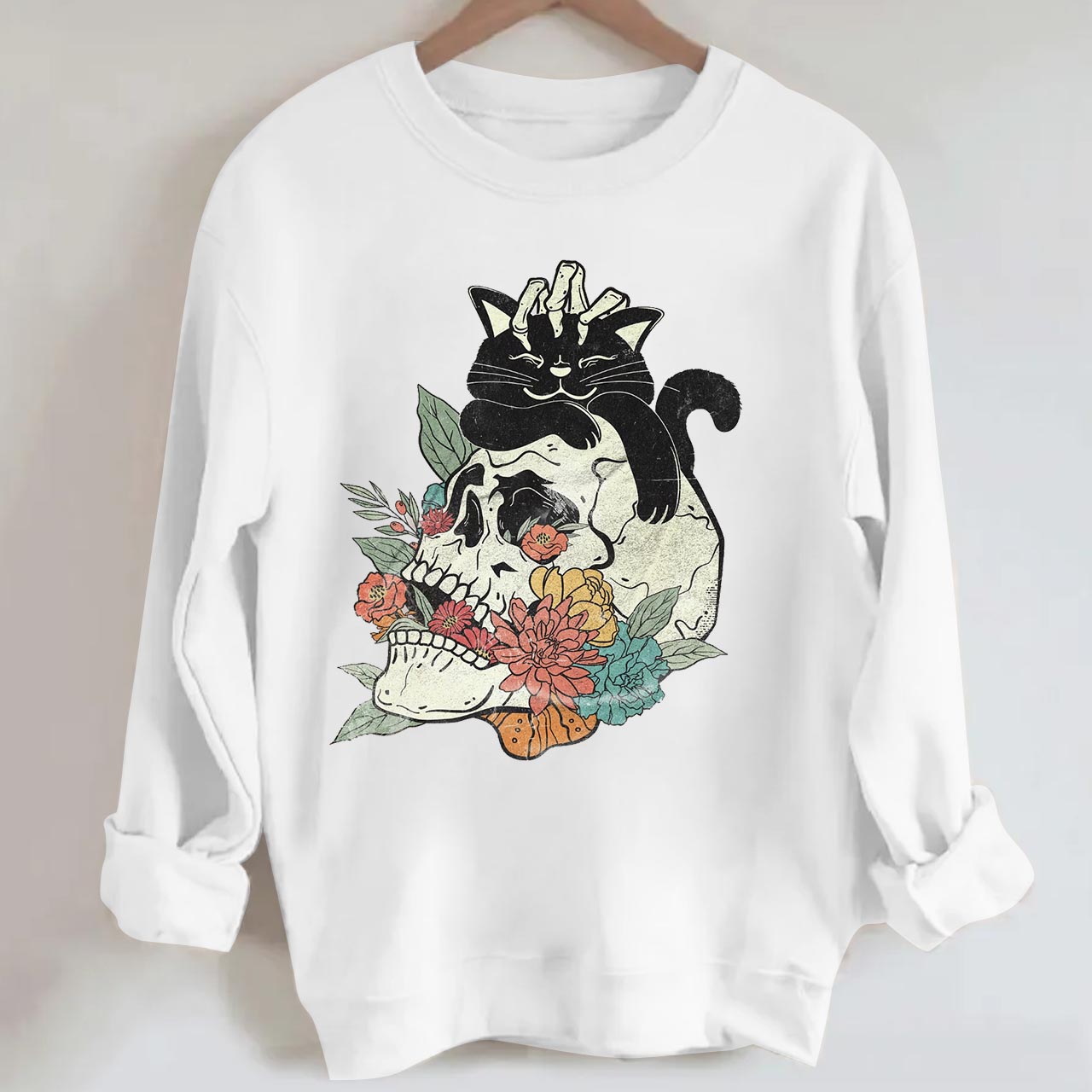 Black Cat On Flower Skull Fall Halloween Sweatshirt