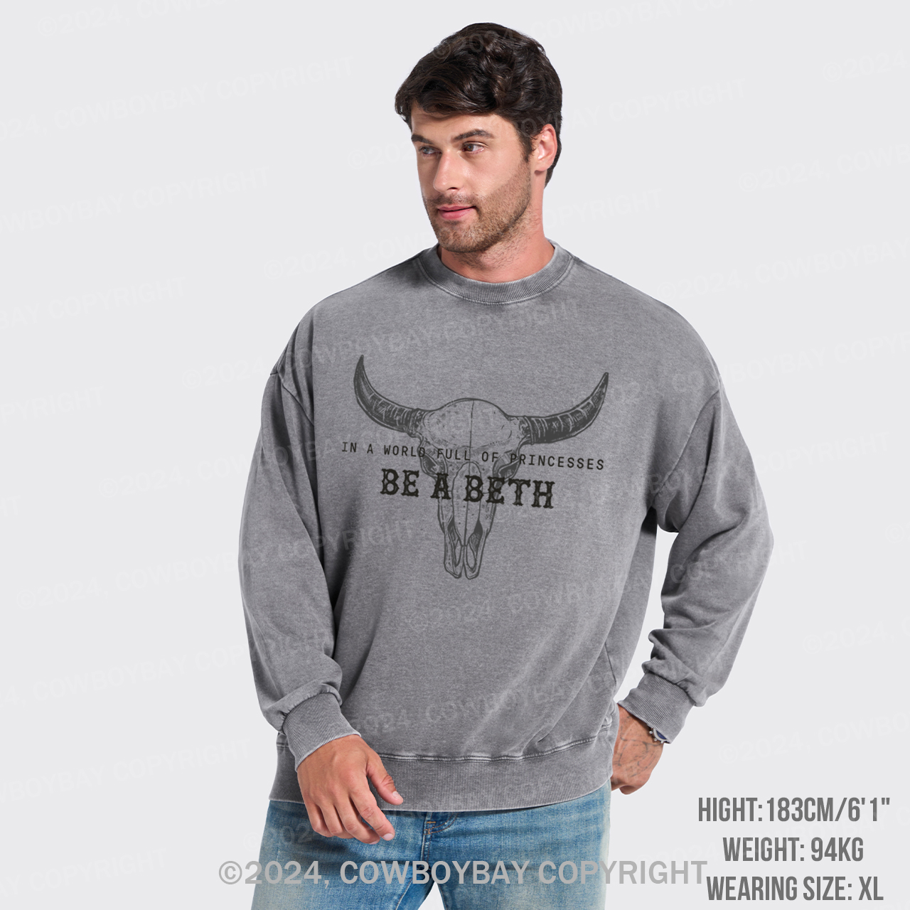 Cowboybay,Boho Cow Skull Washed Sweatshirts