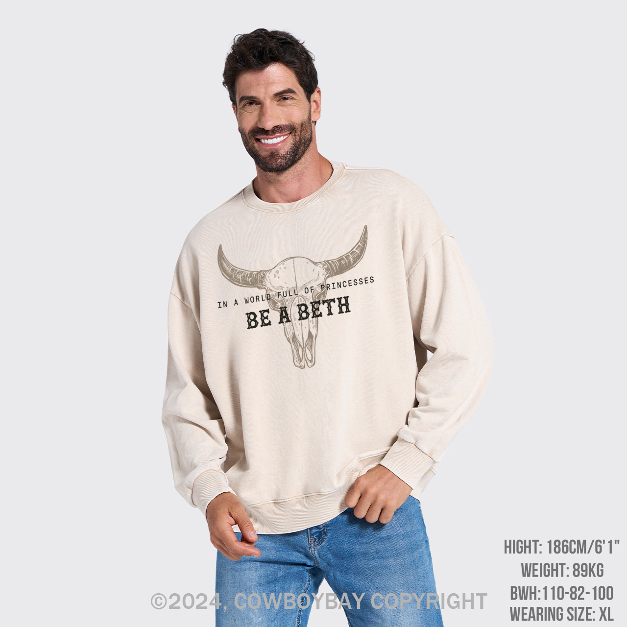 Cowboybay,Boho Cow Skull Washed Sweatshirts