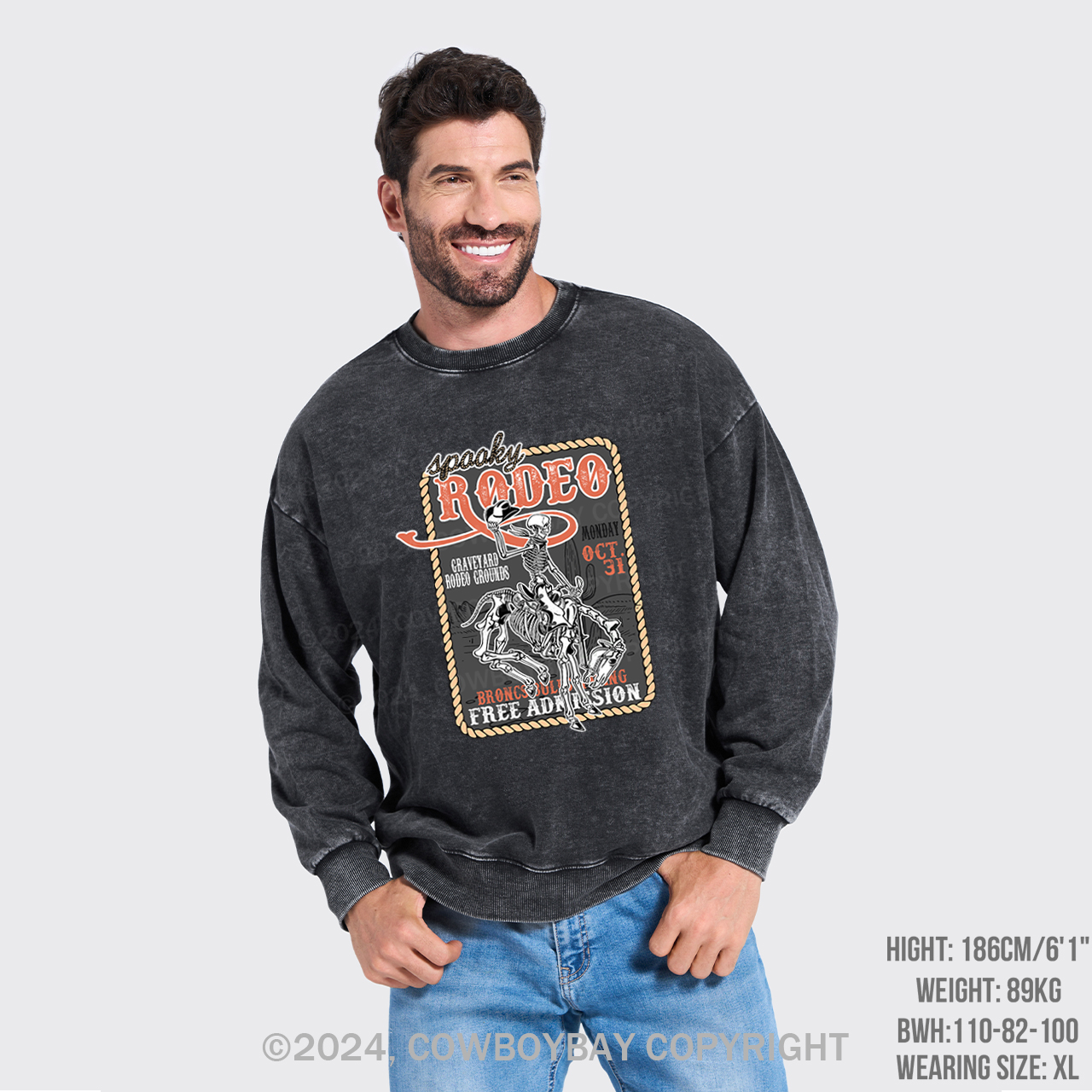 Funny Skeletons In Weird Rodeo Washed Sweatshirts