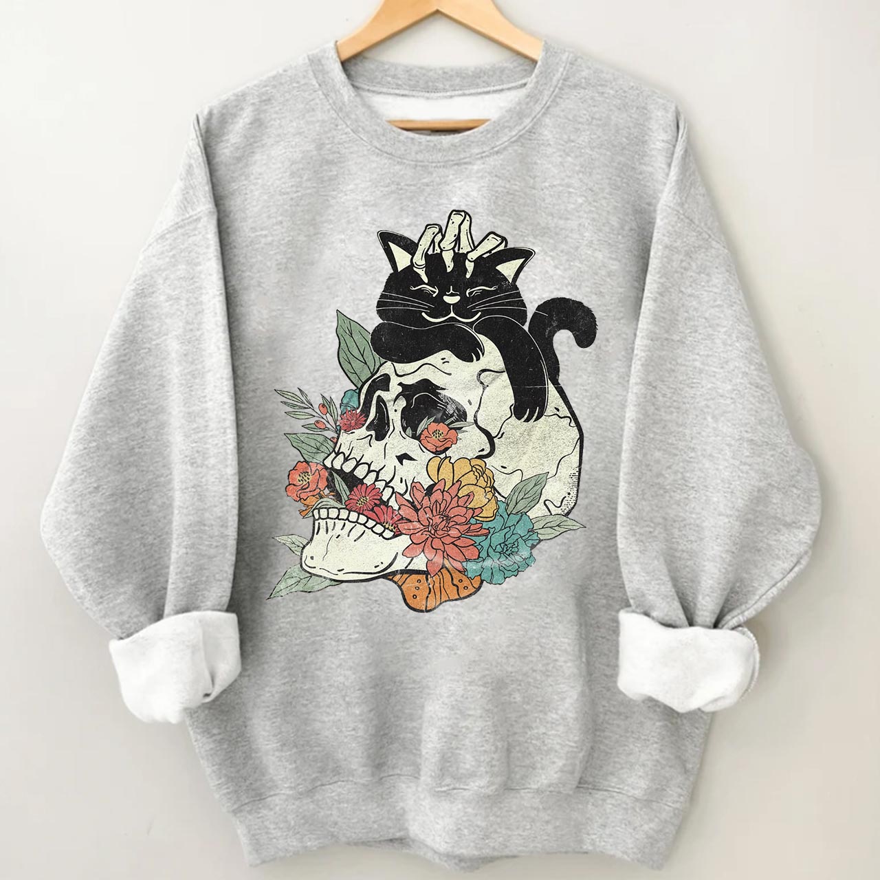Black Cat On Flower Skull Fall Halloween Sweatshirt