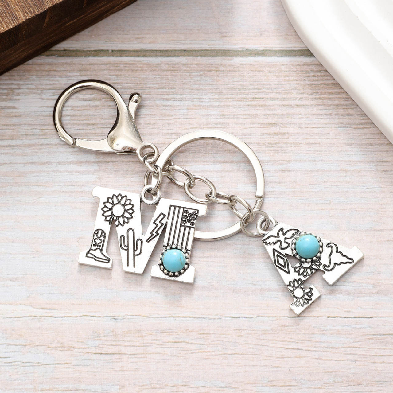 Letter AM Retro Cowboy Keychain Car Bag Pendant