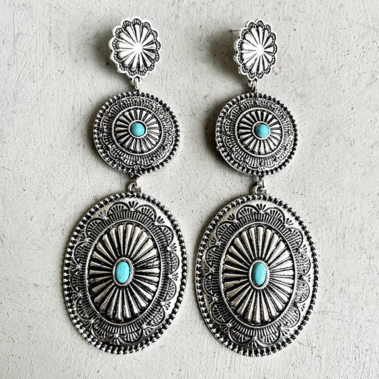 Western Cowboy Bohemian Turquoise Pumpkin Flower Metal Earrings