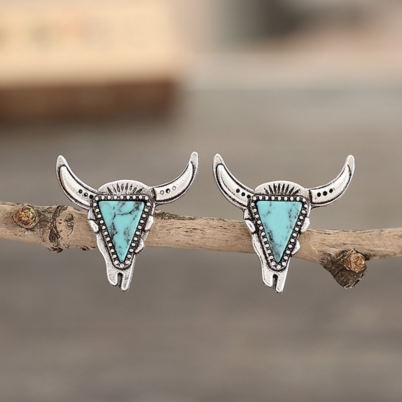 Western Style Cow Head Turquoise Earrings