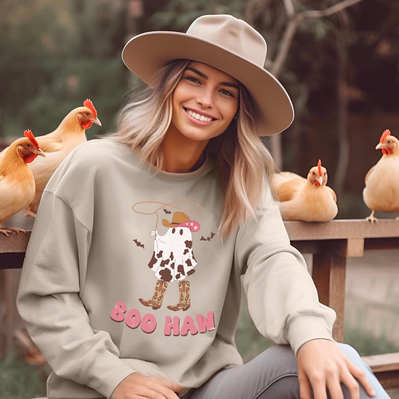 Boo Haw Ghost Cowboy Boot Fall Sweatshirt