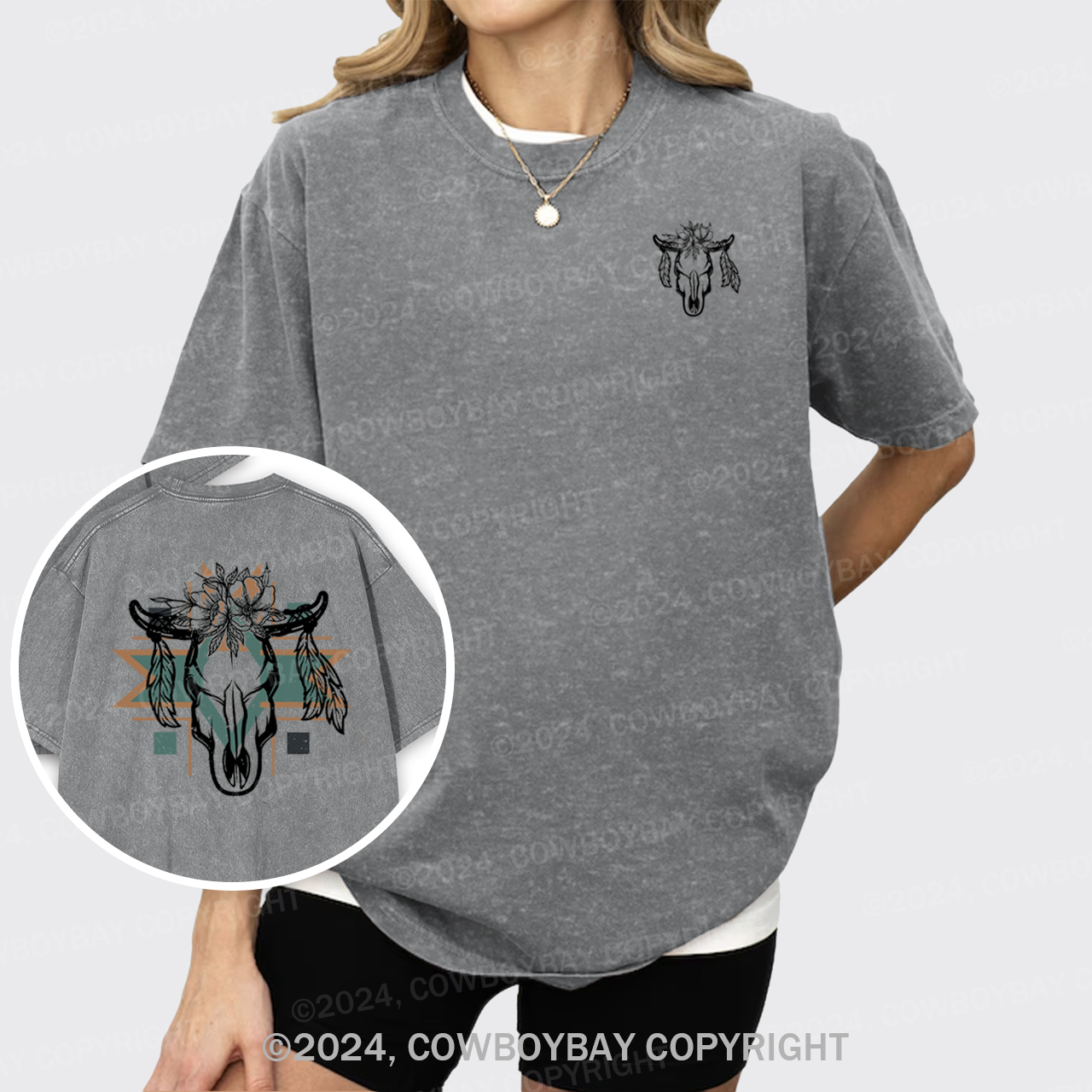 Aztec Cow Skull Garment-dye Tees