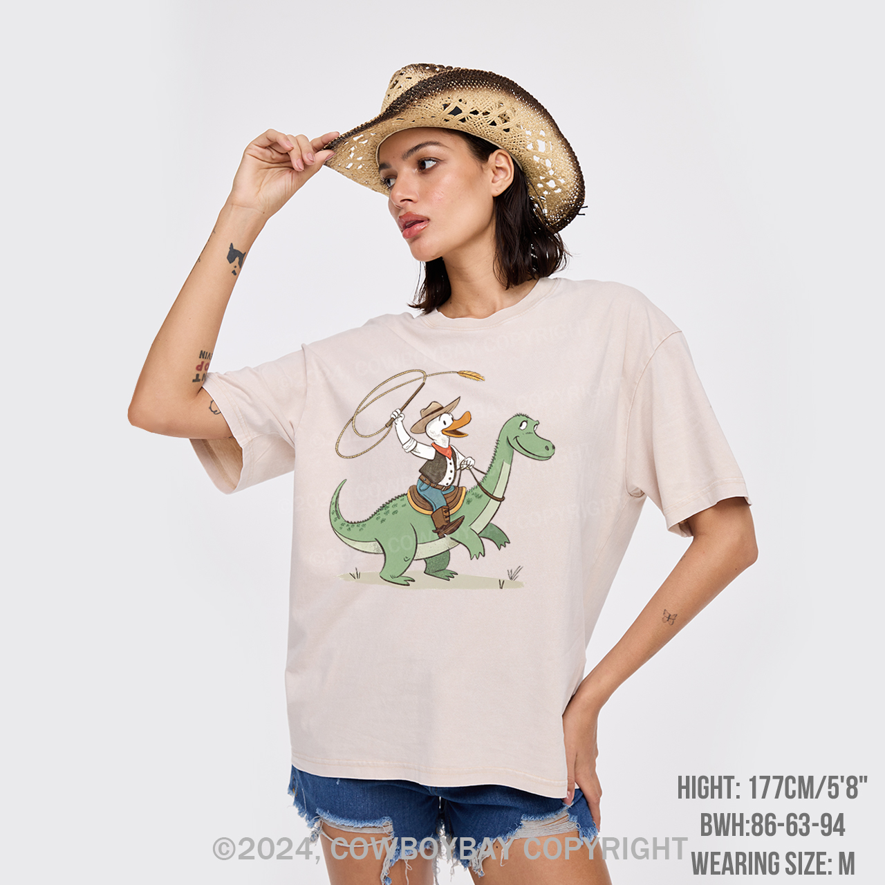 Cowboy Duck Riding Dinosaur Garment-dye Tees