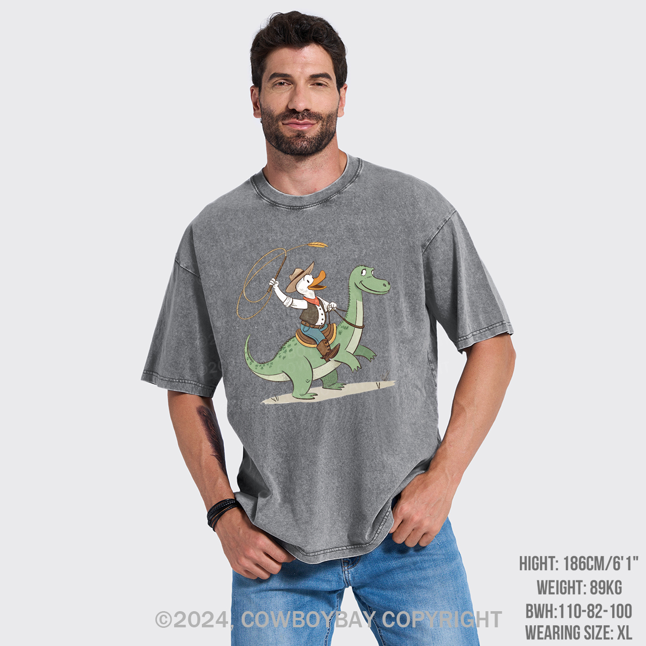 Cowboy Duck Riding Dinosaur Garment-dye Tees