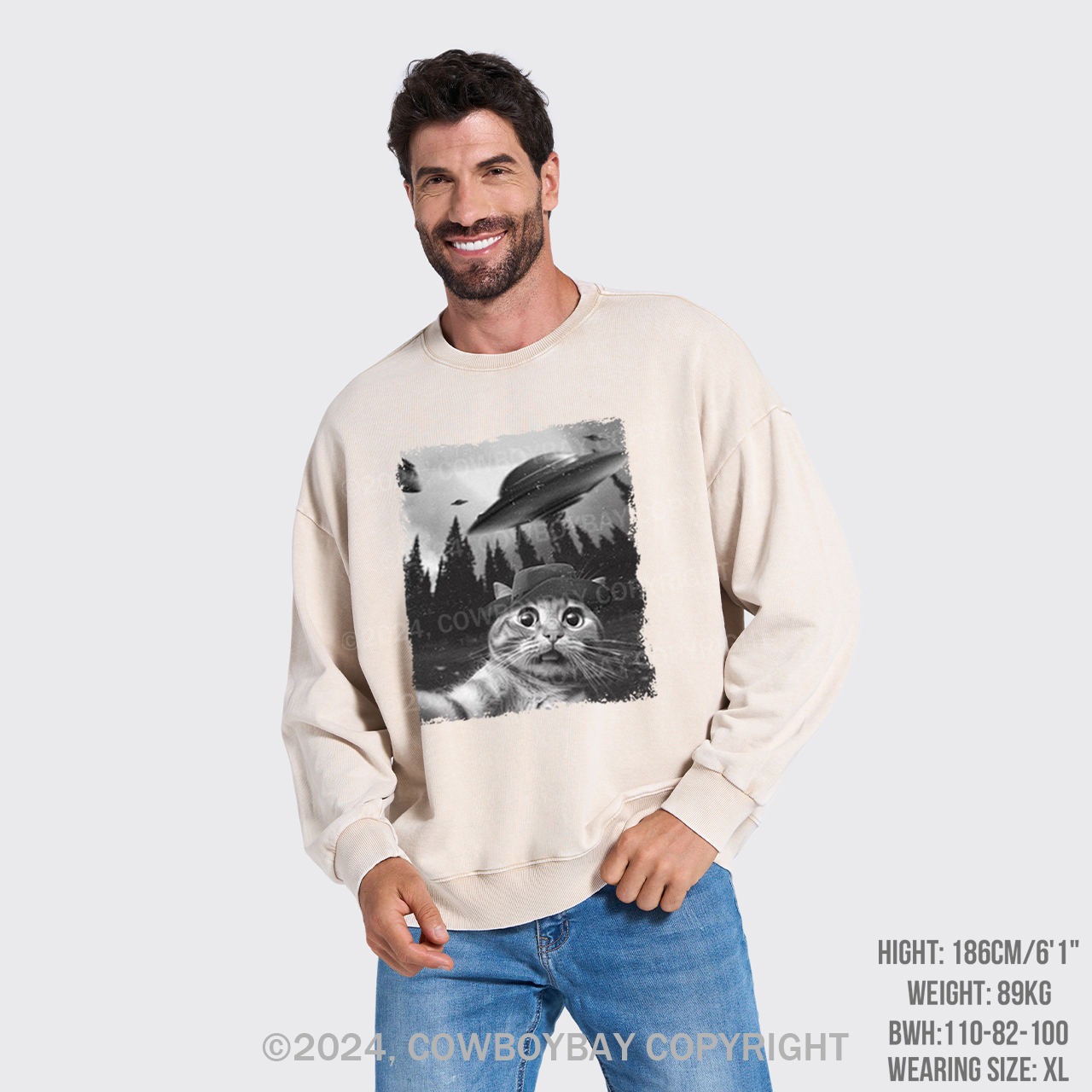 Funny Cat Selfie With UFOs Washed Sweatshirts