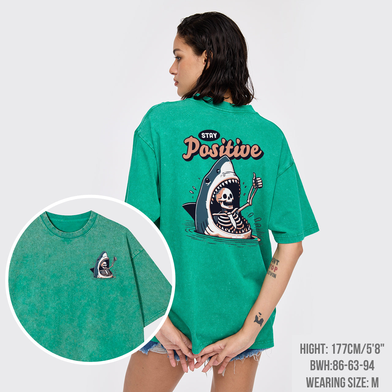 Stay Positive Funny Shark and Skeleton Garment-dye Tees
