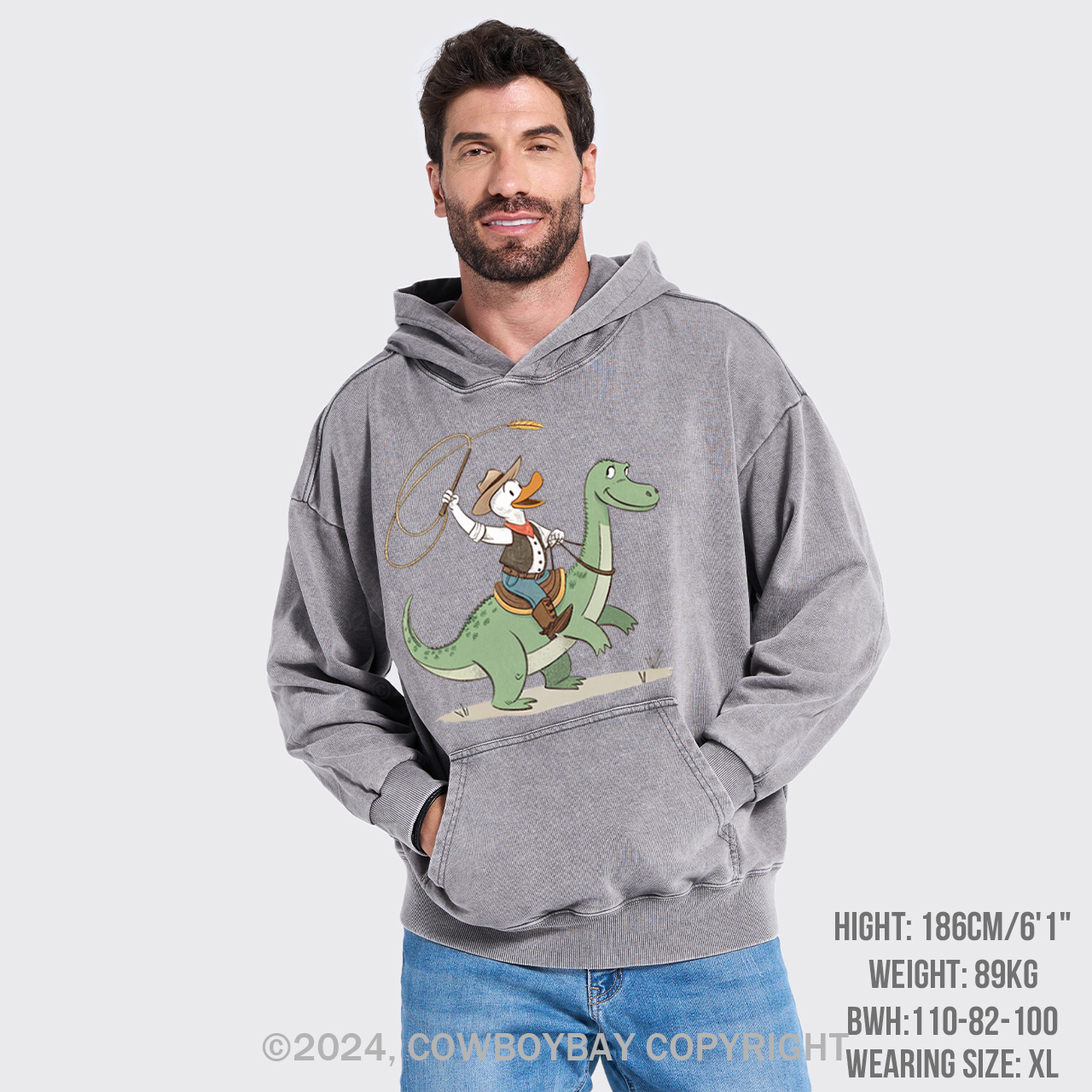 Cowboy Duck Riding Dinosaur Garment-Dye Hoodies