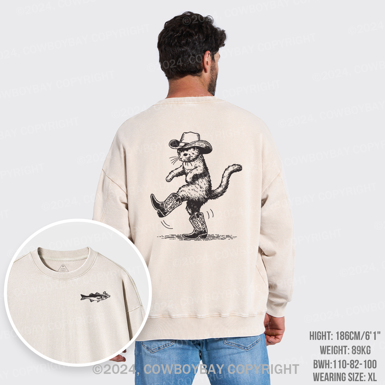 Cowboy Cat Looking for Fish Washed Sweatshirts