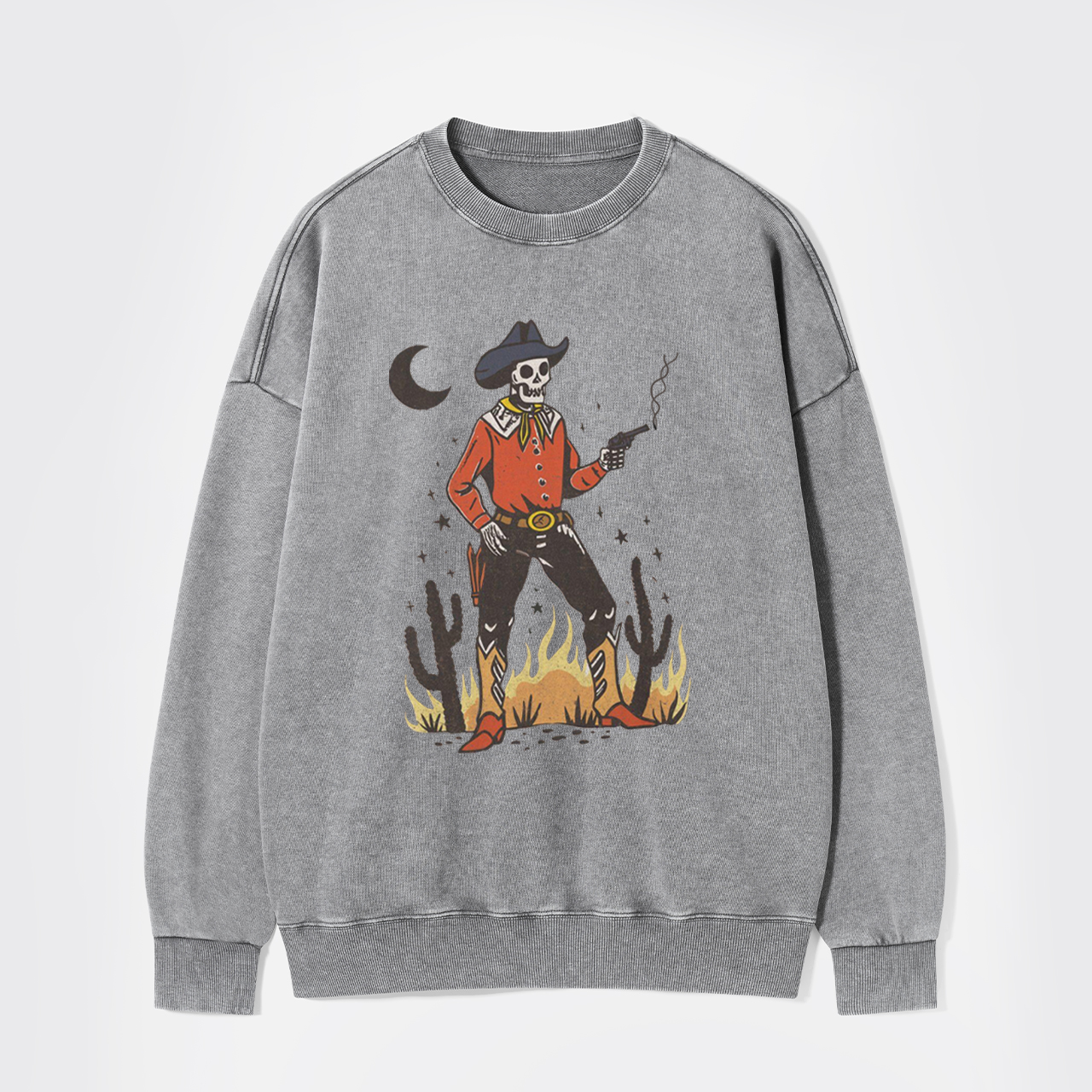 Skeleton Western Halloween Retro Desert Washed Sweatshirts