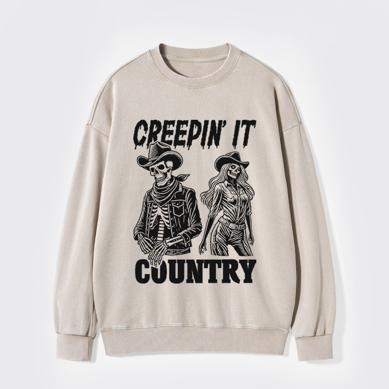 Creepin' It Cowboy Skeleton Cowgirl Ghost Washed Sweatshirts