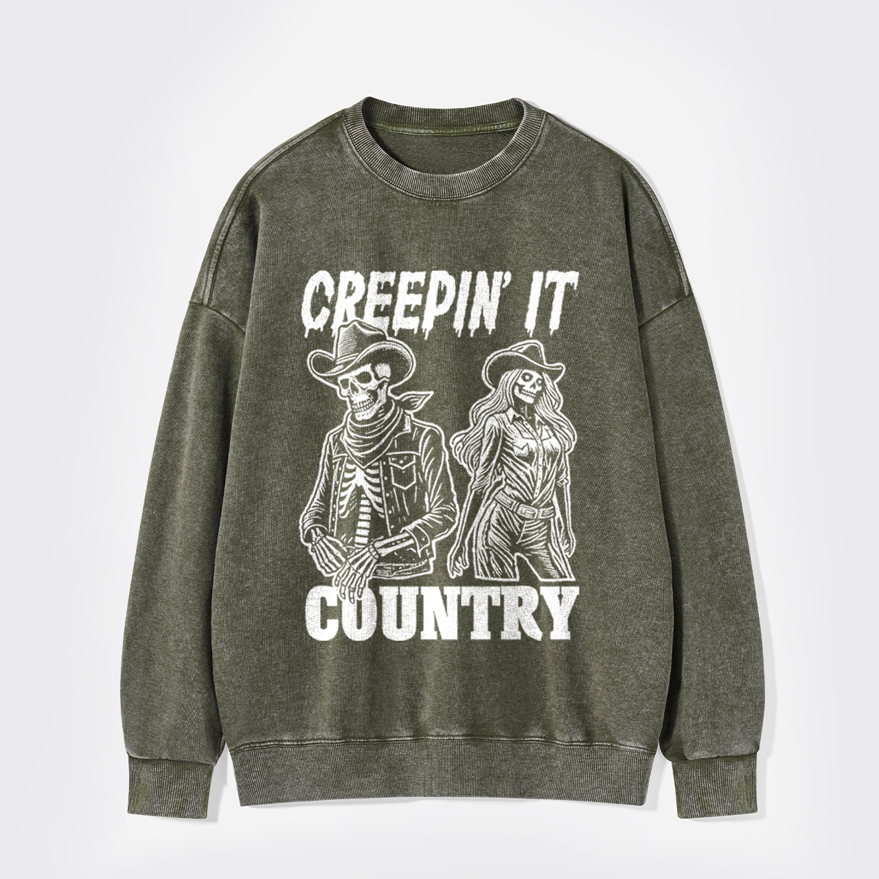 Creepin' It Cowboy Skeleton Cowgirl Ghost Washed Sweatshirts