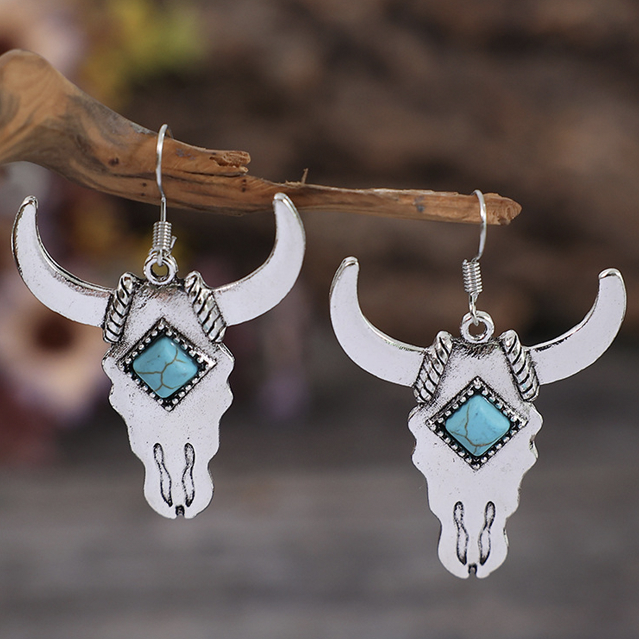 Western Style Cow Head Turquoise Earrings