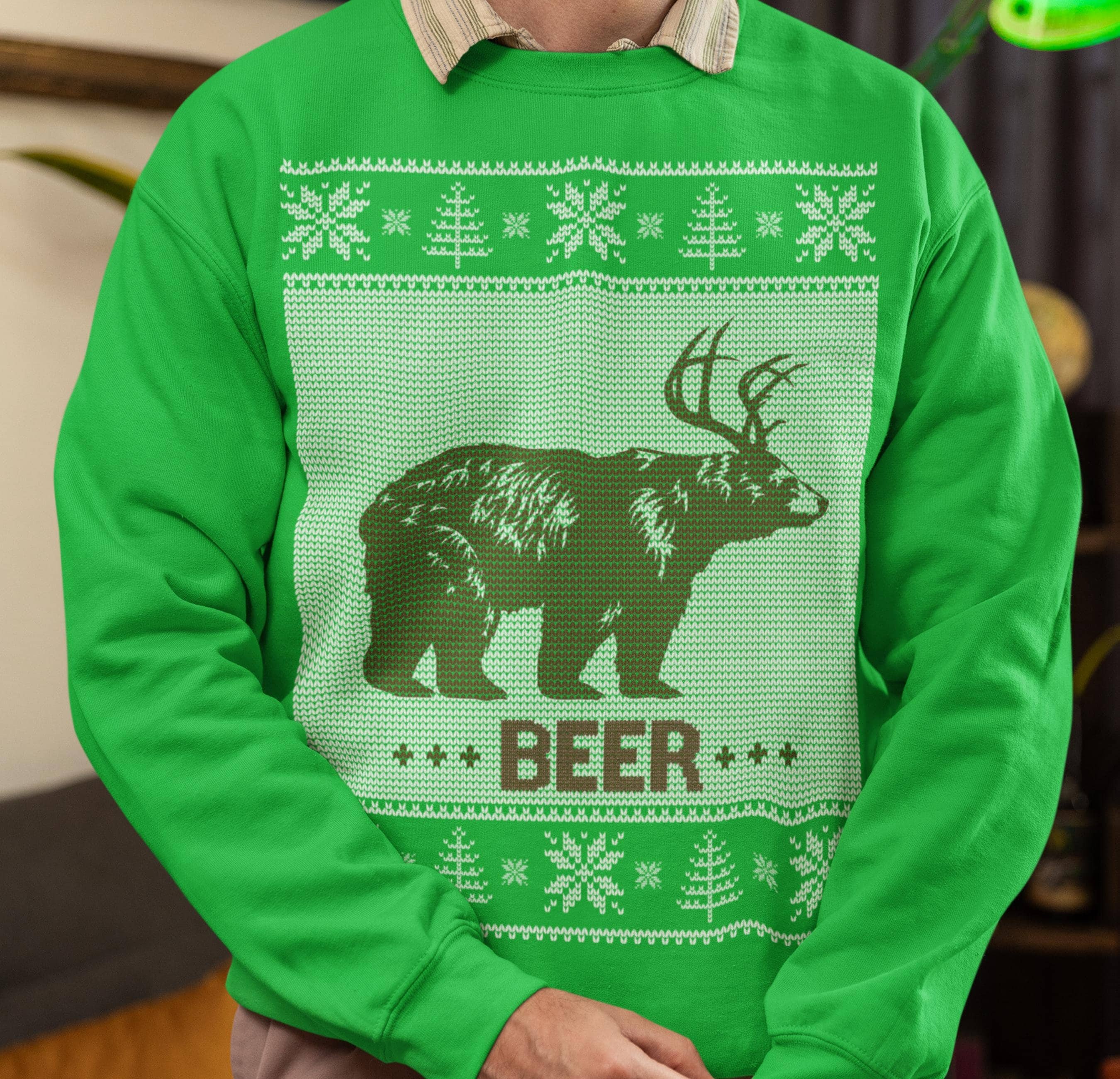Christmas Bear Beer Deer Ugly Knit Sweatshirt