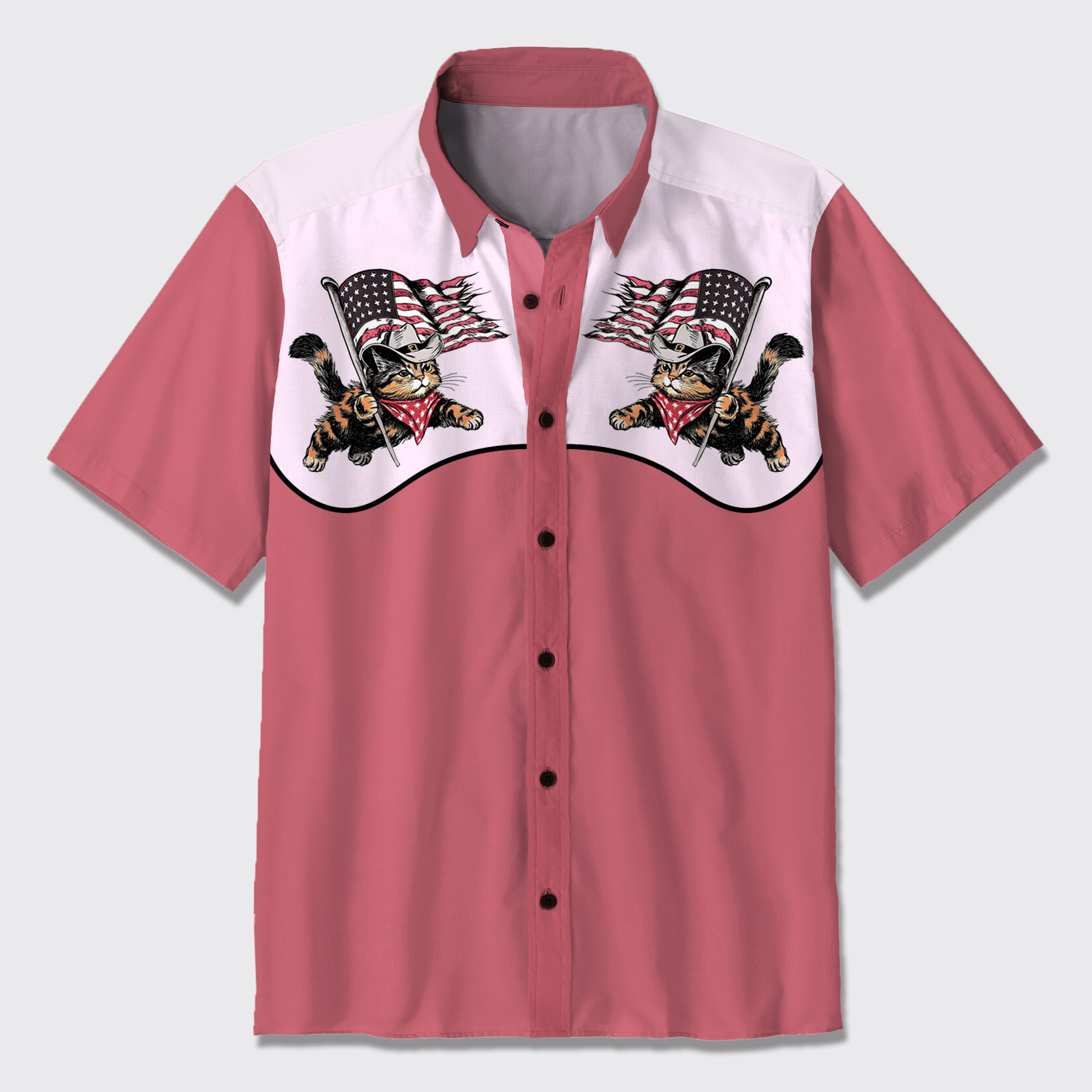Retro 4th Of July-Cowboy Cat With Flag Button Up Shirts