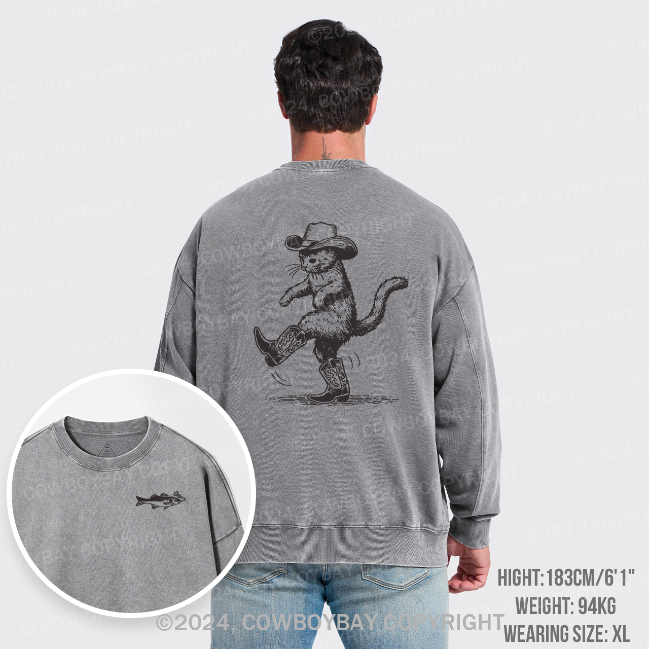 Cowboy Cat Looking for Fish Washed Sweatshirts