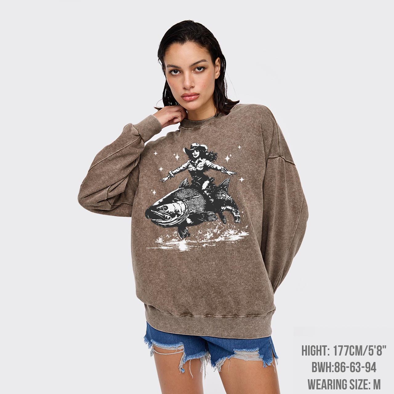 Cowgirl Riding A Fish Washed Sweatshirts