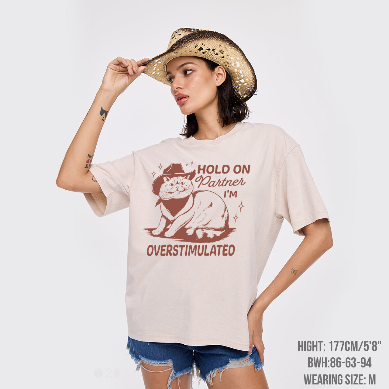 Funny Sarcastic Cat 90s Hold On Partner I'm Overstimulated Garment-dye Tees