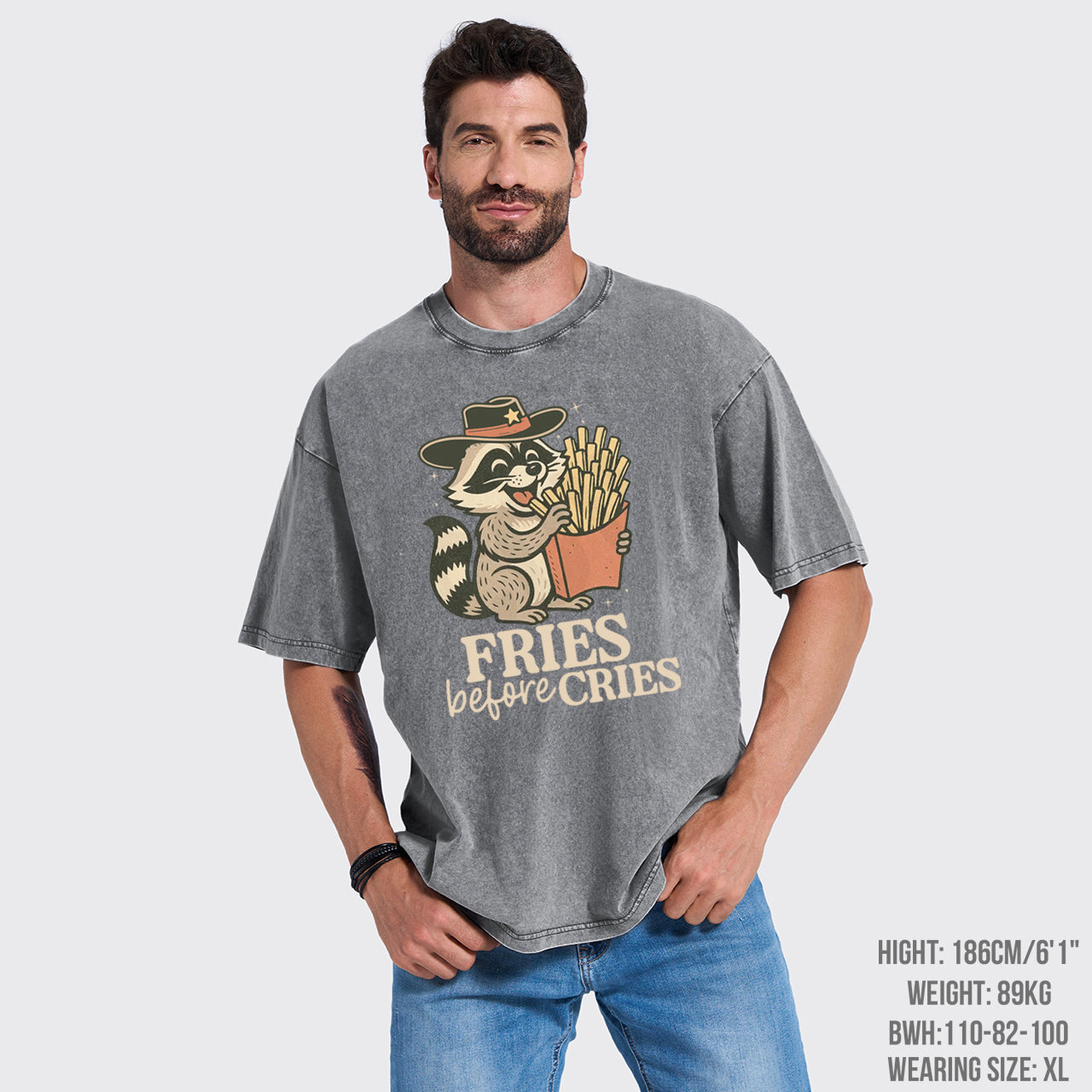 Funny Raccoon Mental Health Fries Before Cries Garment-dye Tees