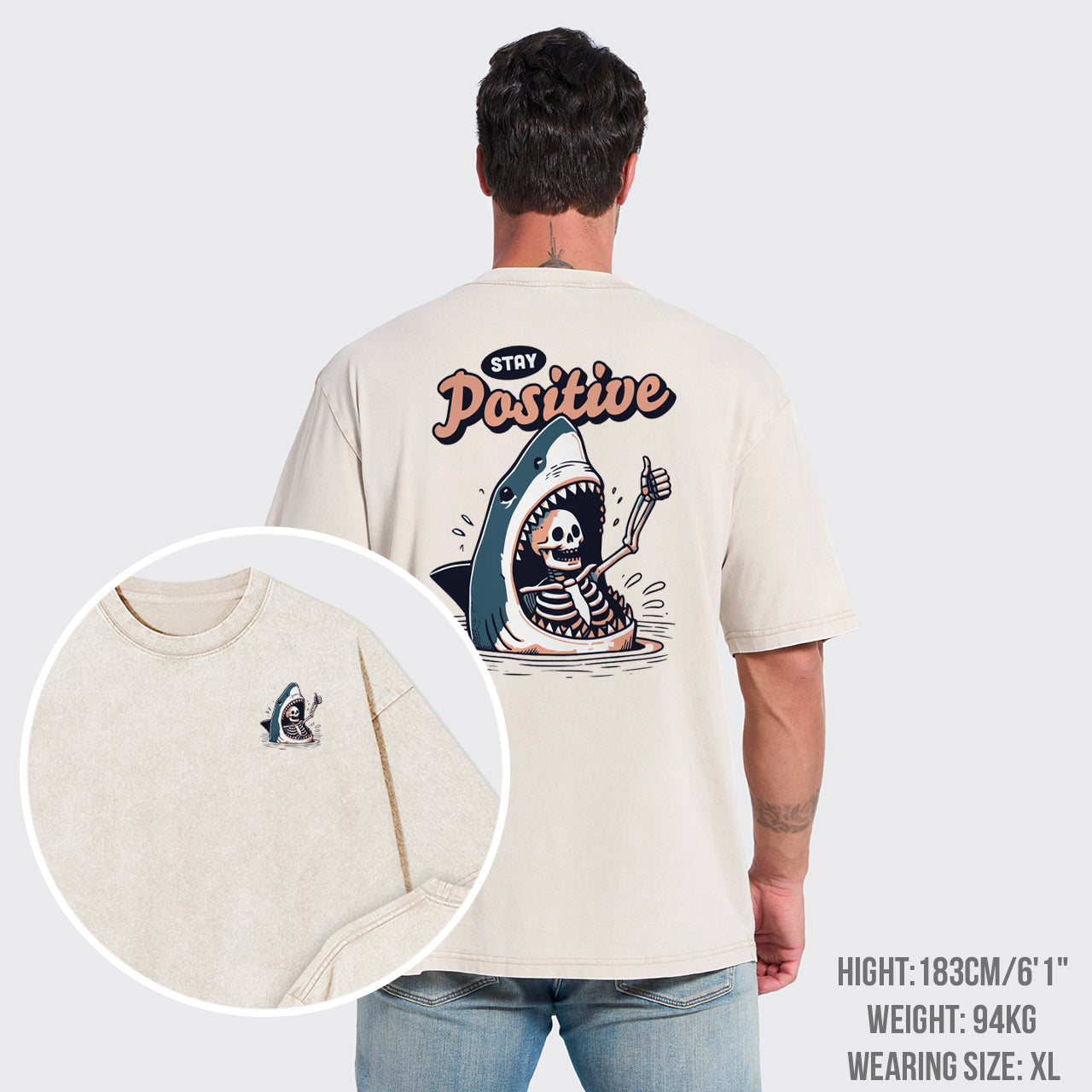 Stay Positive Funny Shark and Skeleton Garment-dye Tees