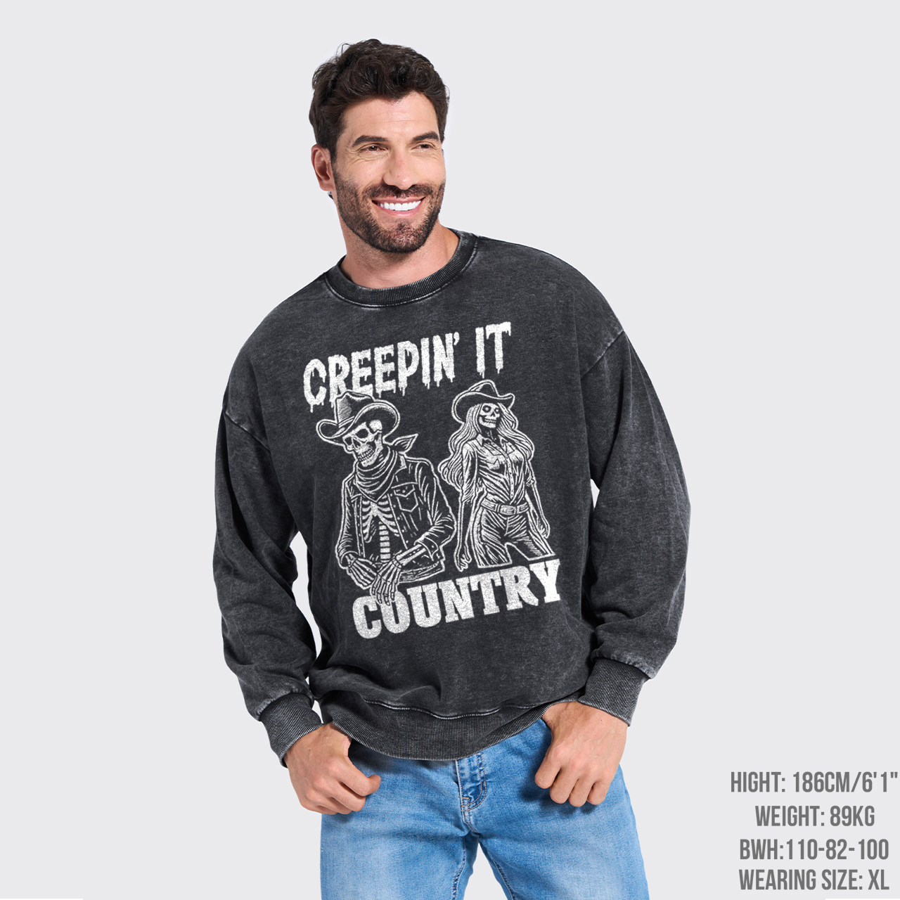 Creepin' It Cowboy Skeleton Cowgirl Ghost Washed Sweatshirts