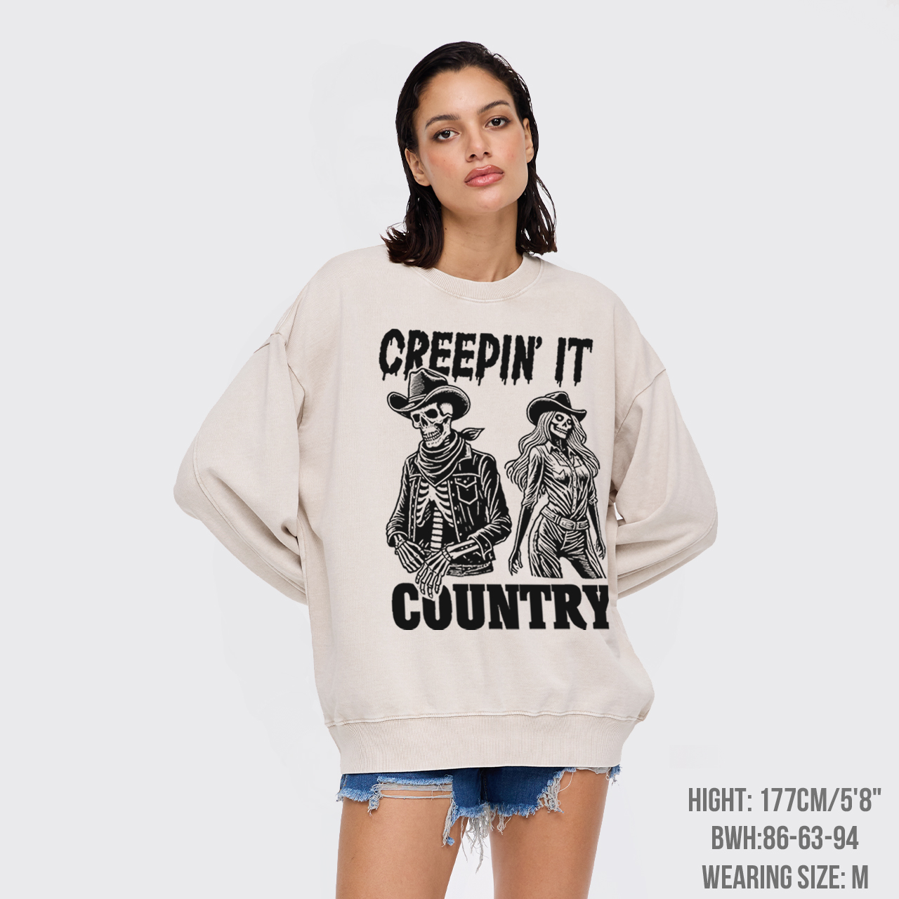Creepin' It Cowboy Skeleton Cowgirl Ghost Washed Sweatshirts