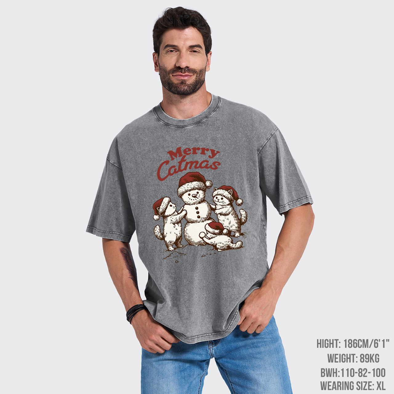 Merry Christmas Santa Snowman Cat Garment-dye Tees