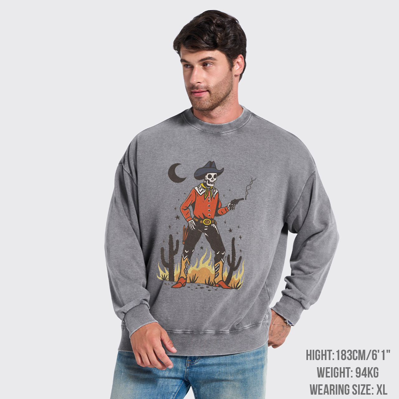 Skeleton Western Halloween Retro Desert Washed Sweatshirts