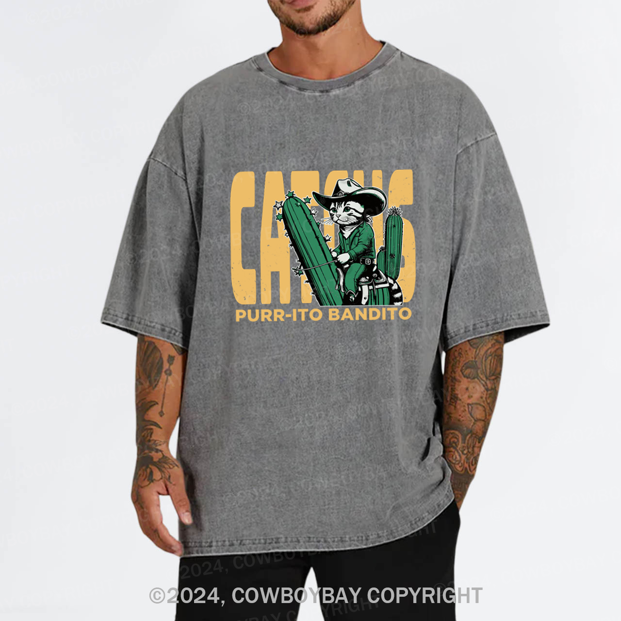 Cowboy Cat With Funny Cactus Garment-dye Tees