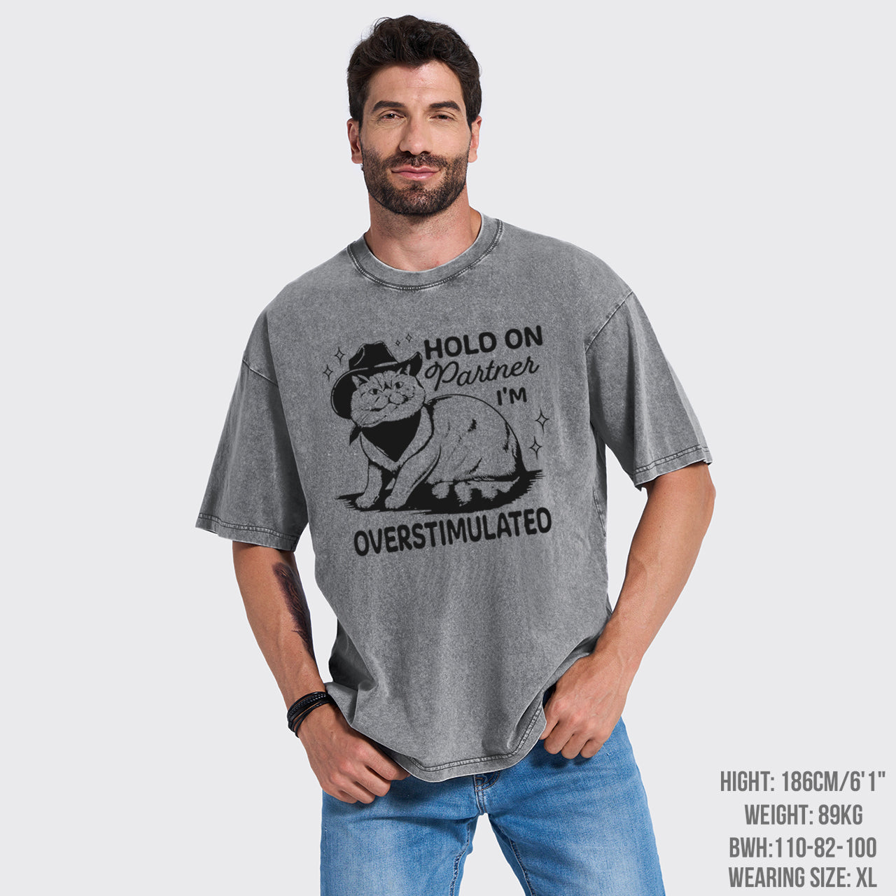 Funny Sarcastic Cat 90s Hold On Partner I'm Overstimulated Garment-dye Tees