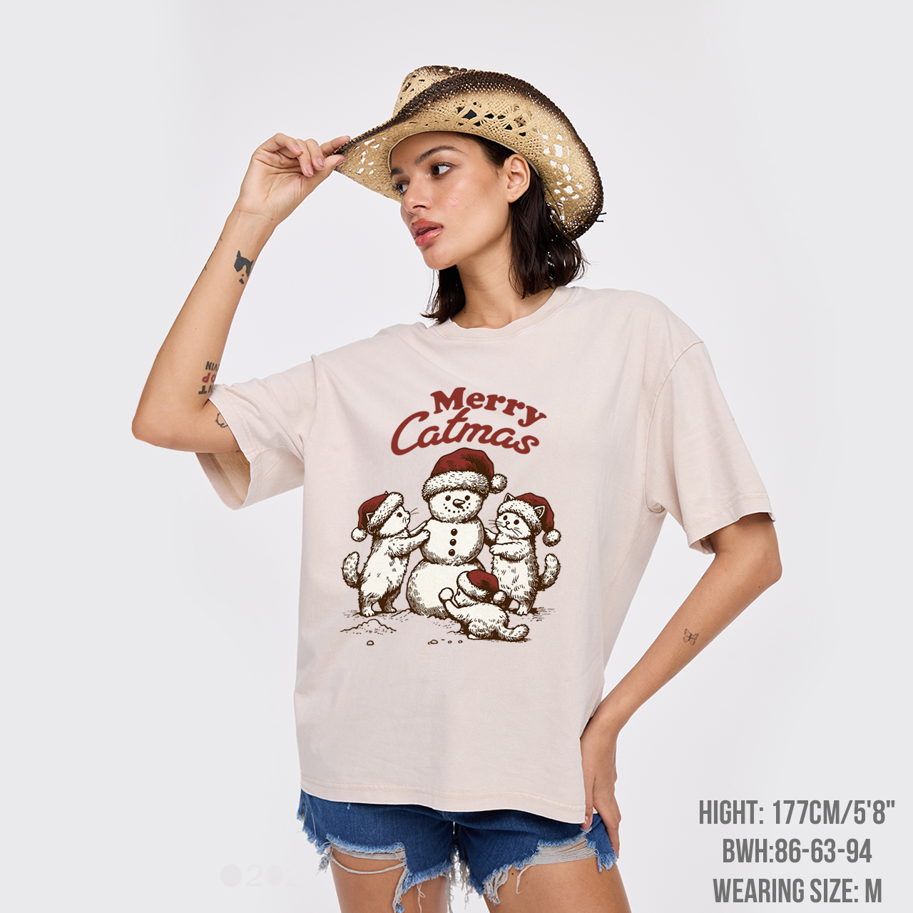 Merry Christmas Santa Snowman Cat Garment-dye Tees