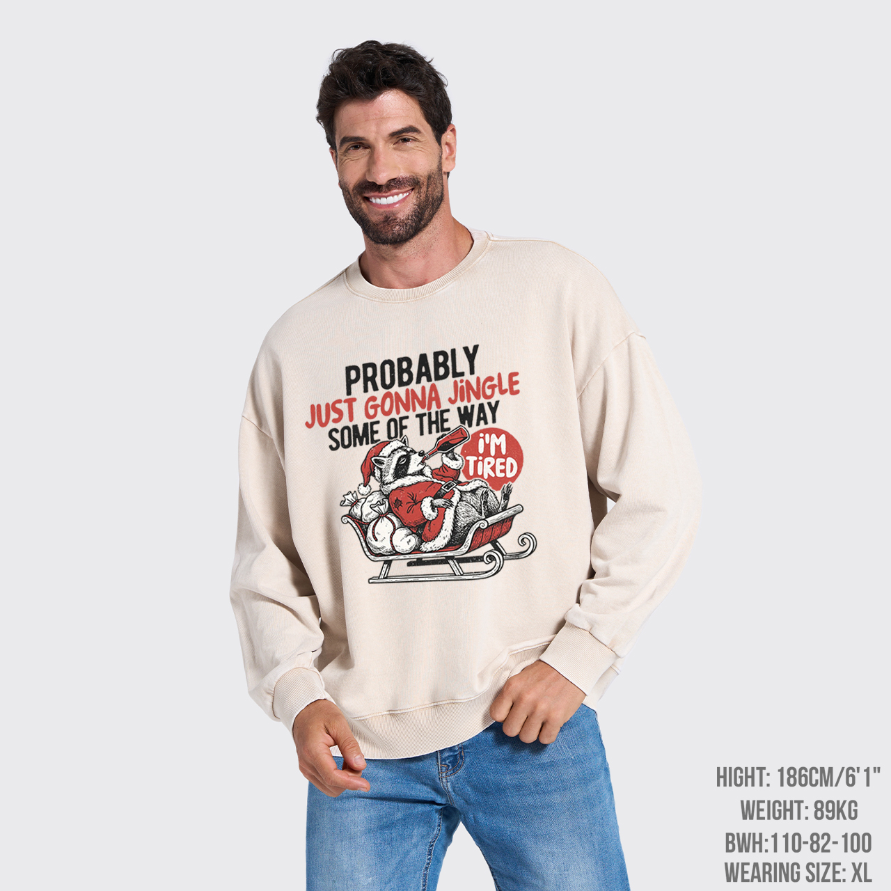 Humorous Christmas Tired Raccoon Washed Sweatshirts