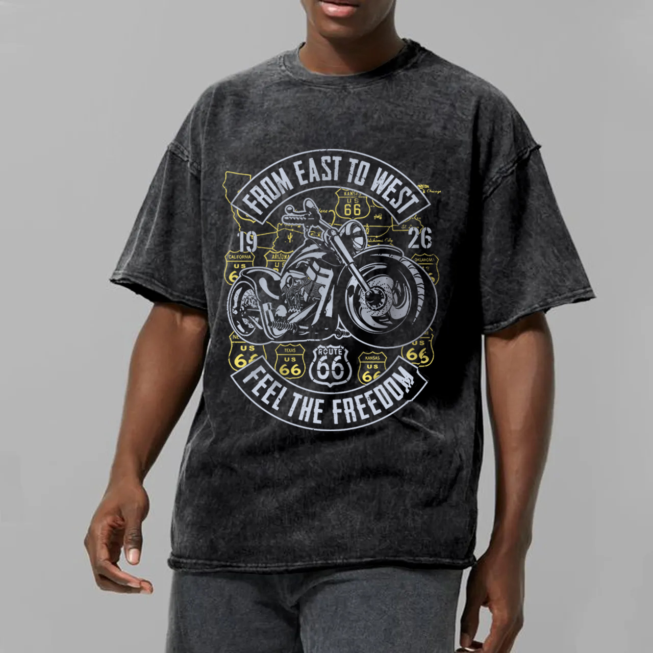 Route 66 From East To West Biker Garment-dye Tees