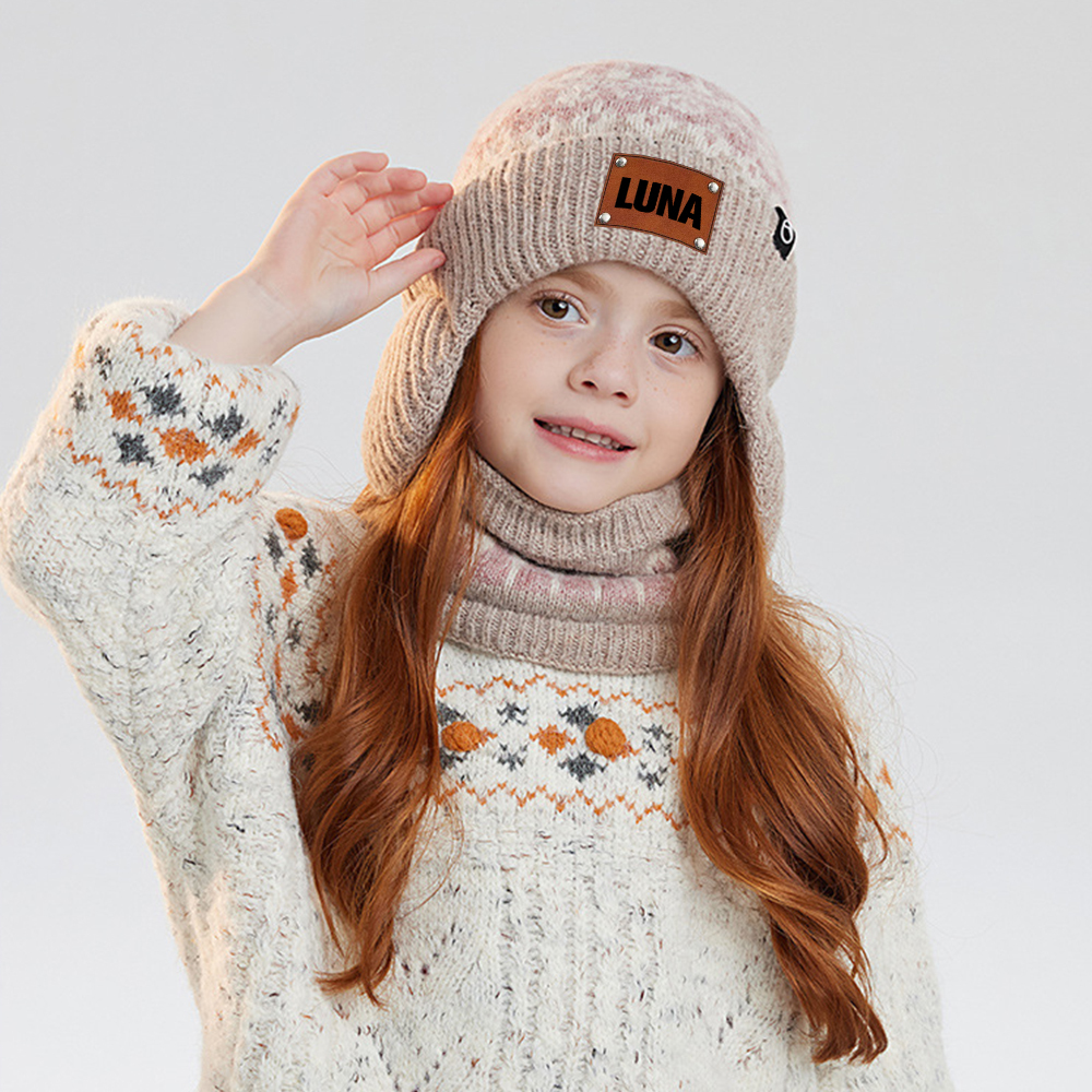 Personalized Kid Leather Patch Winter Beanie With Knitted Scarf Set 
