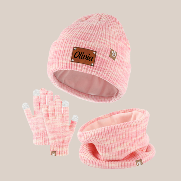 Personalized Kid Leather Patch Winter Beanie With Knitted Scarf Set 