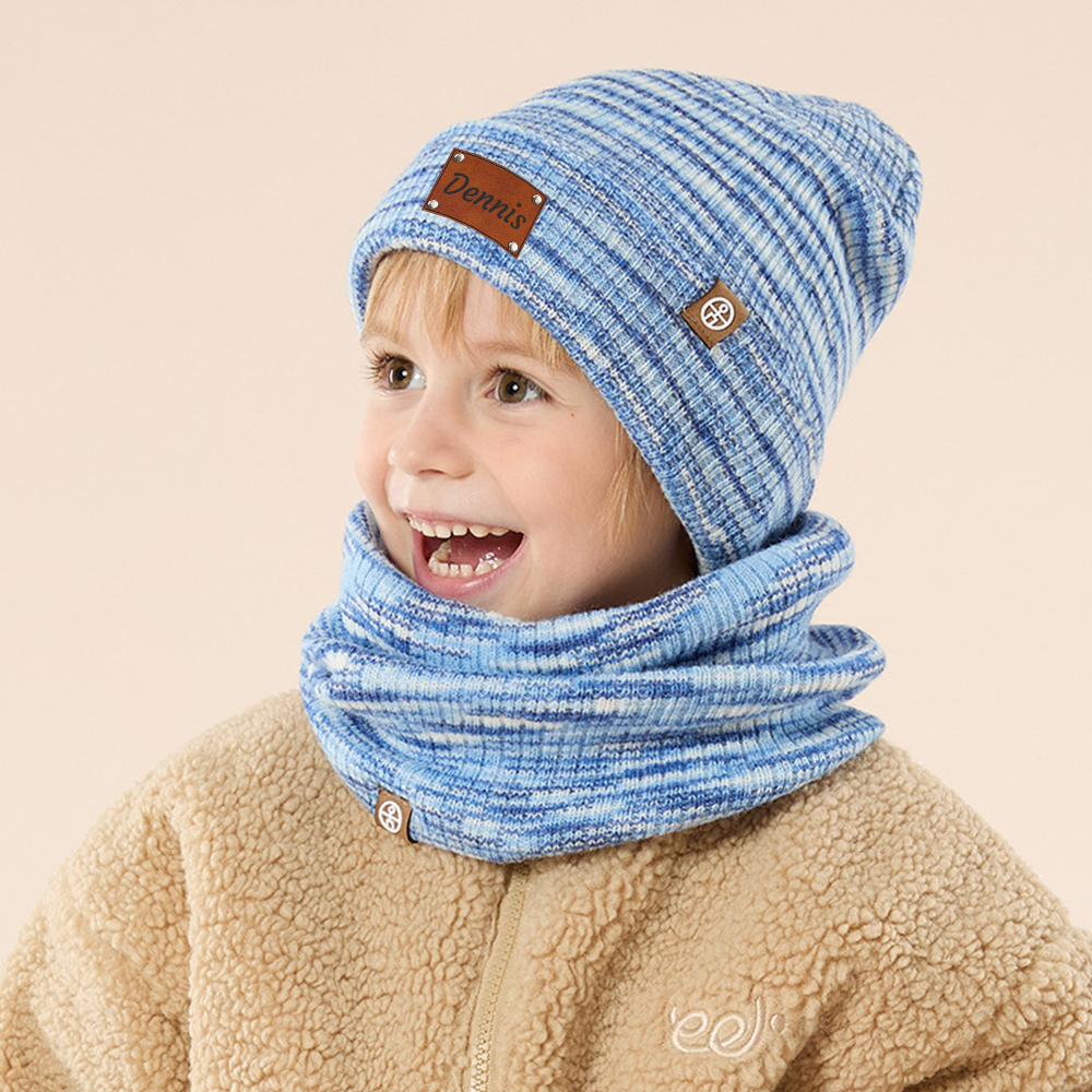Personalized Kid Leather Patch Winter Beanie With Knitted Scarf Set 