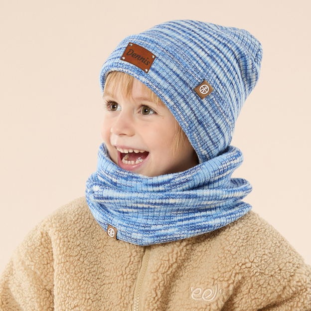 Personalized Kid Leather Patch Winter Beanie With Knitted Scarf Set 