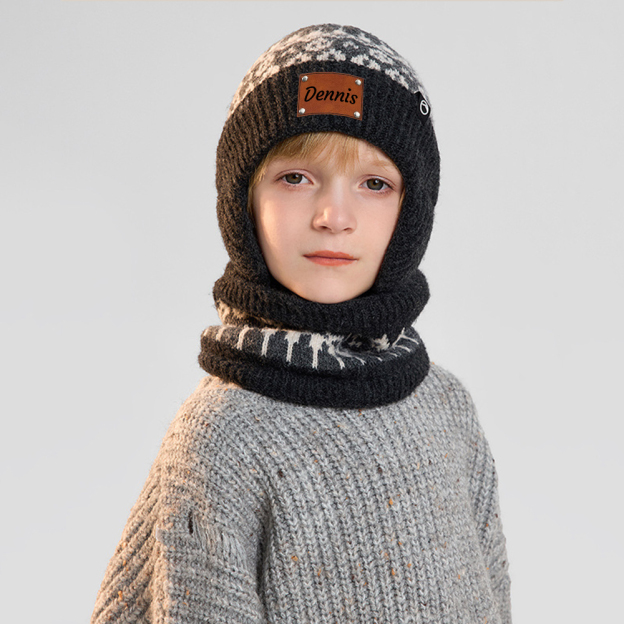 Personalized Kid Leather Patch Winter Beanie With Knitted Scarf Set 