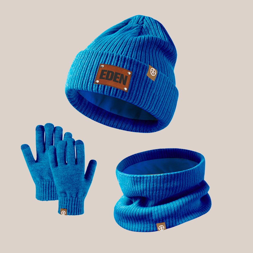 Personalized Kid Leather Patch Winter Beanie With Knitted Scarf Set 