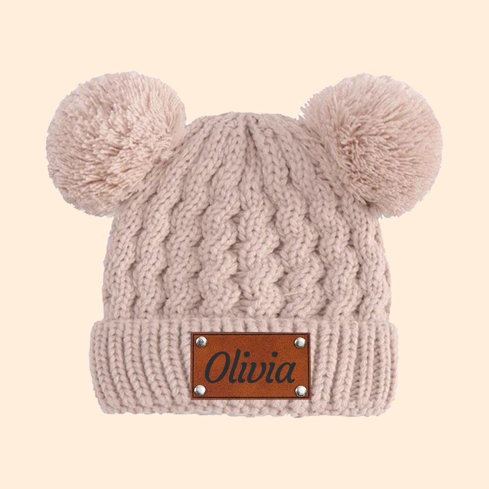 Personalized Kid Leather Patch Pom Pom Knit Hat