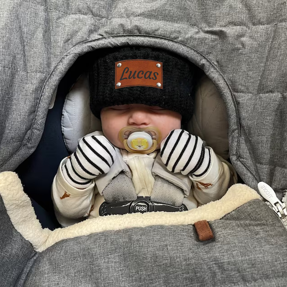 Personalized Kid Leather Patch Pom Pom Knit Hat