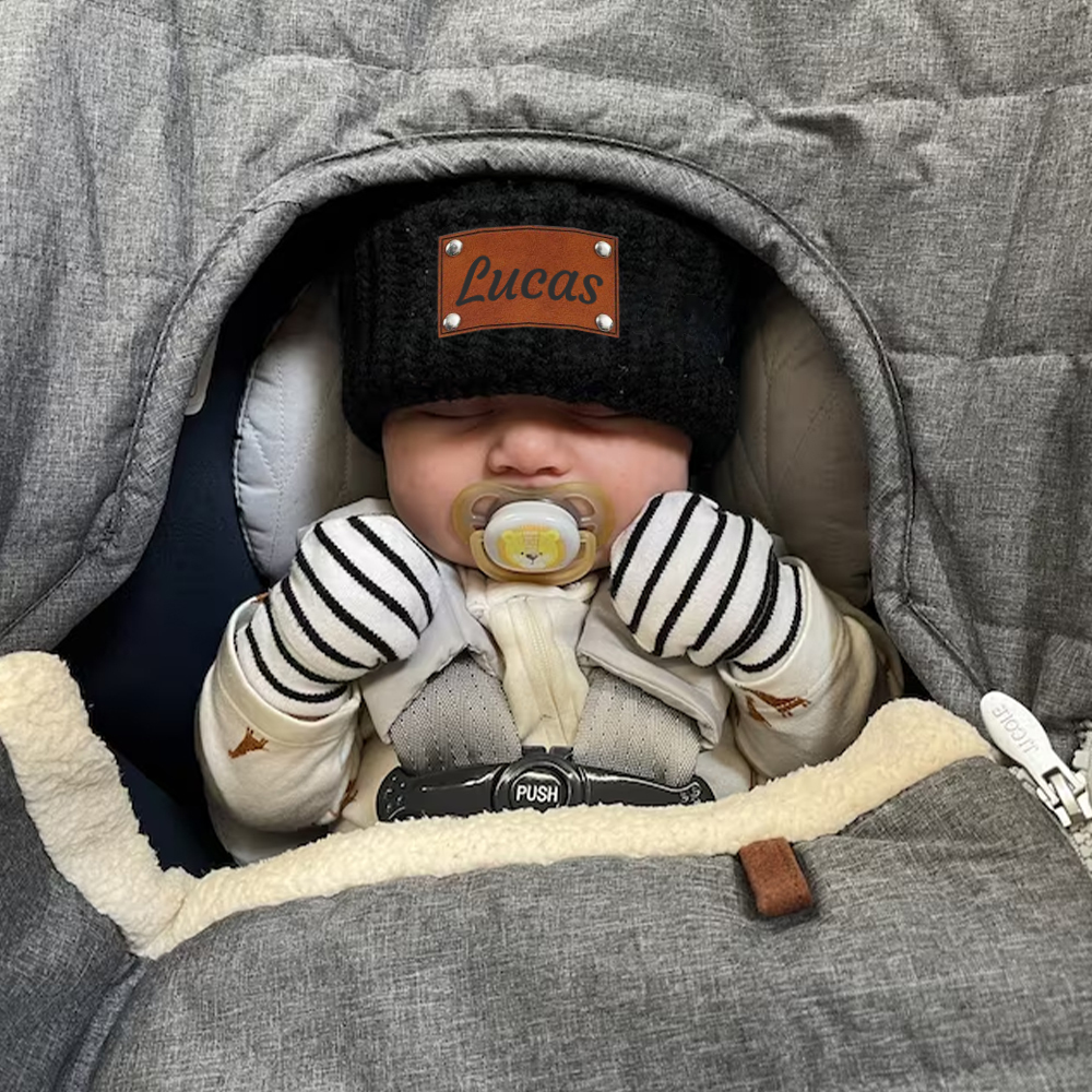 Personalized Kid Leather Patch Pom Pom Knit Hat