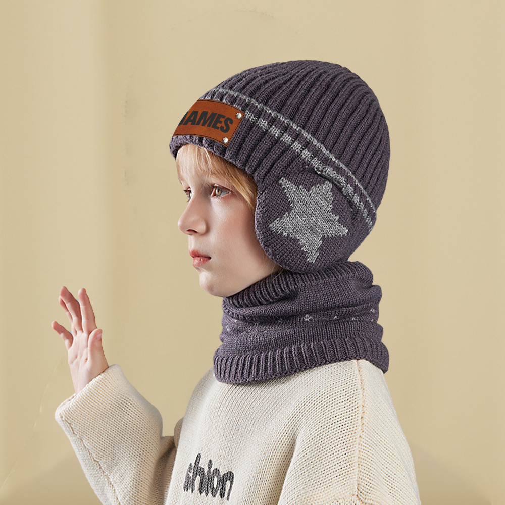 Personalized Kid Leather Patch Winter Beanie With Knitted Scarf Set 