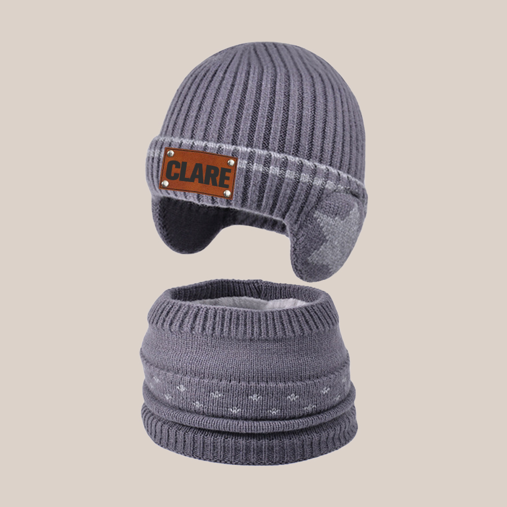 Personalized Kid Leather Patch Winter Beanie With Knitted Scarf Set 