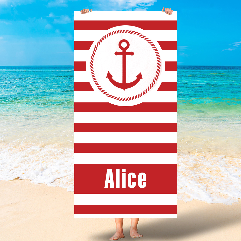 Personalized Striped Beach Towel with Anchor for Summer & Beach | KKTowel57