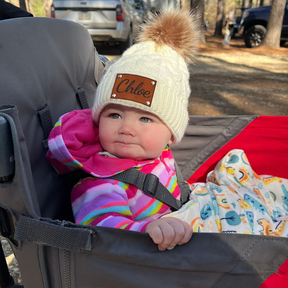 Personalized Kids Faux Leather Patch Pom Pom Beanie