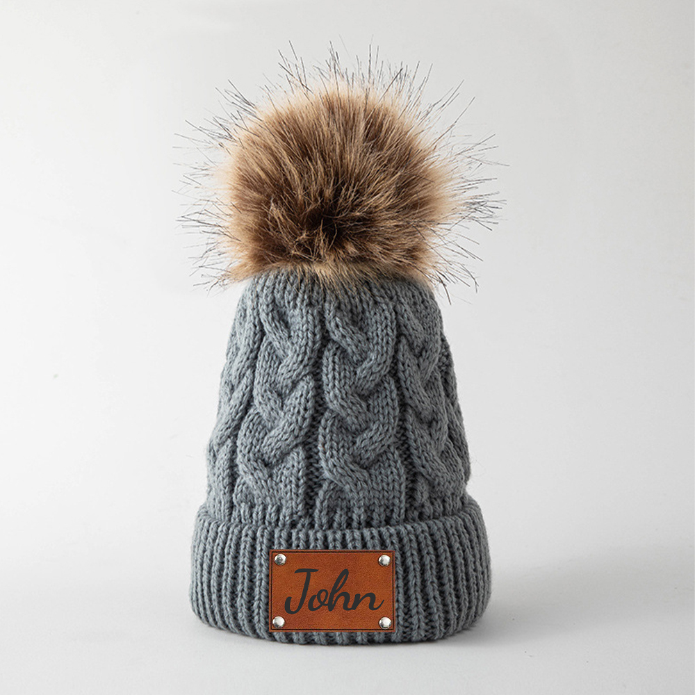 Personalized Kids Faux Leather Patch Pom Pom Beanie